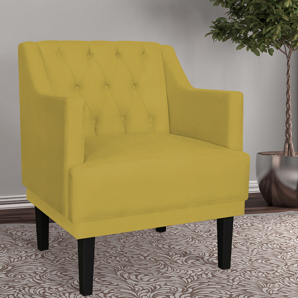 Kit 02 Poltronas Decorativas Clássica Pés Trapézio Suede Amarelo - DS Estofados