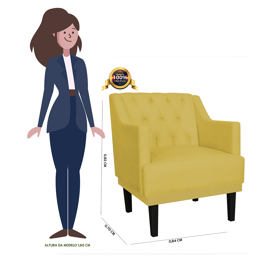 Kit 02 Poltronas Decorativas Clássica Pés Trapézio Suede Amarelo - DS Estofados