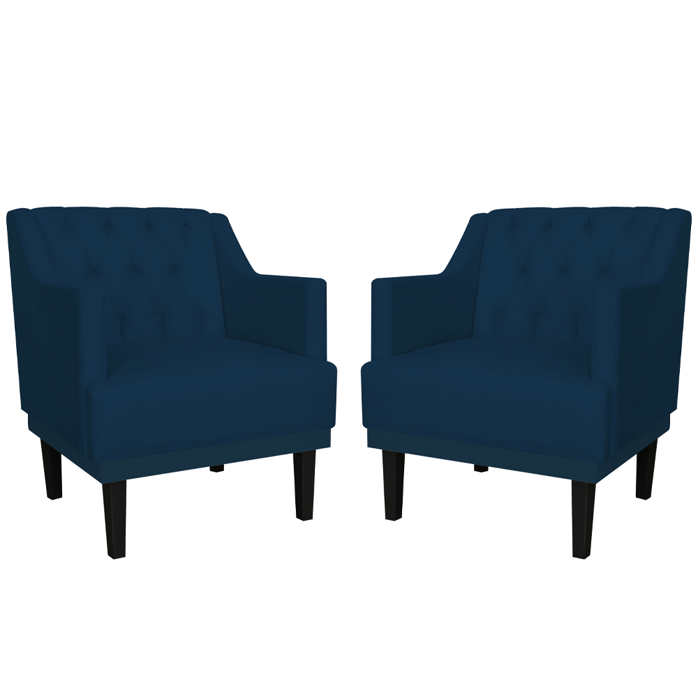 Kit 02 Poltronas Decorativas Clássica Pés Trapézio Suede Azul Marinho - DS Estofados