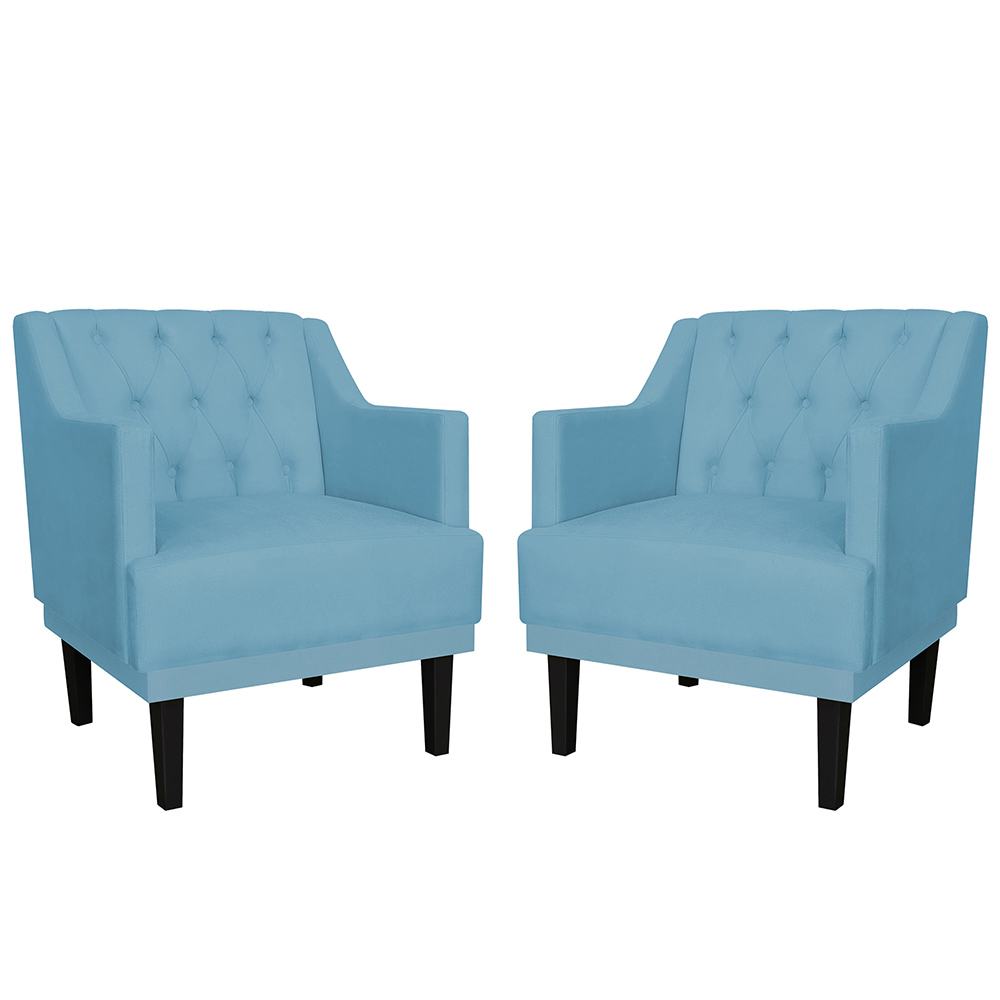 Kit 02 Poltronas Decorativas Clássica Pés Trapézio Suede Azul Turquesa - DS Estofados