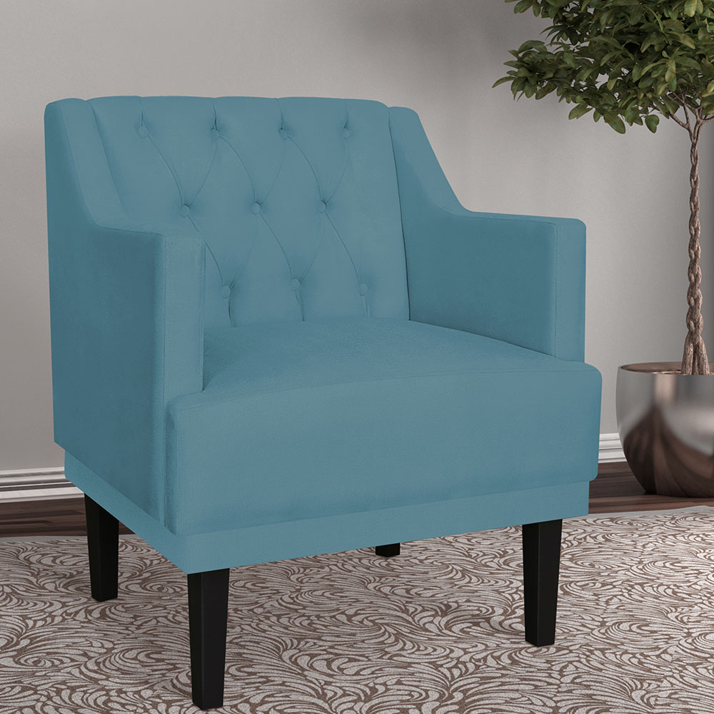 Kit 02 Poltronas Decorativas Clássica Pés Trapézio Suede Azul Turquesa - DS Estofados