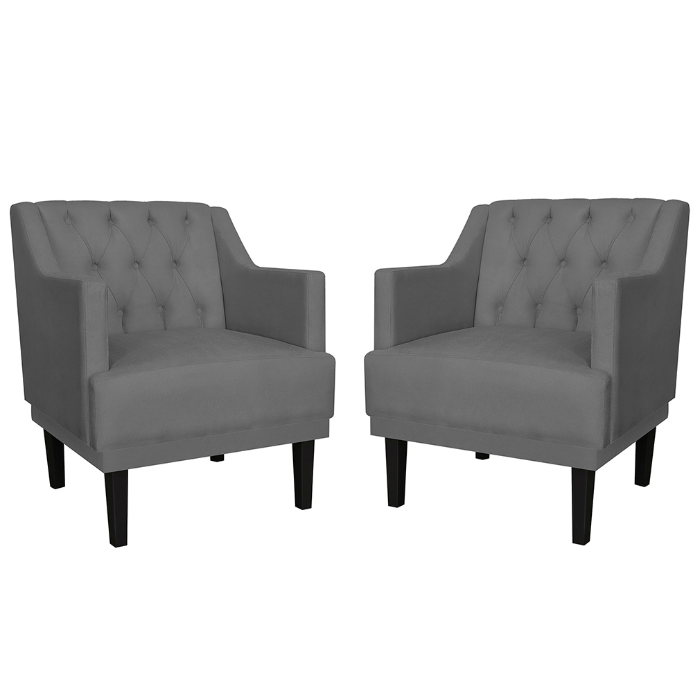 Kit 02 Poltronas Decorativas Clássica Pés Trapézio Suede Cinza - DS Estofados