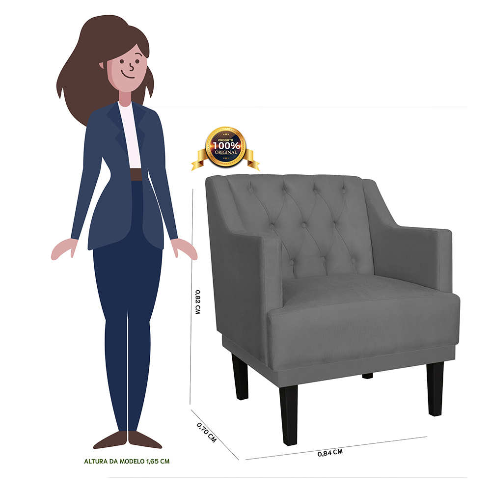 Kit 02 Poltronas Decorativas Clássica Pés Trapézio Suede Cinza - DS Estofados