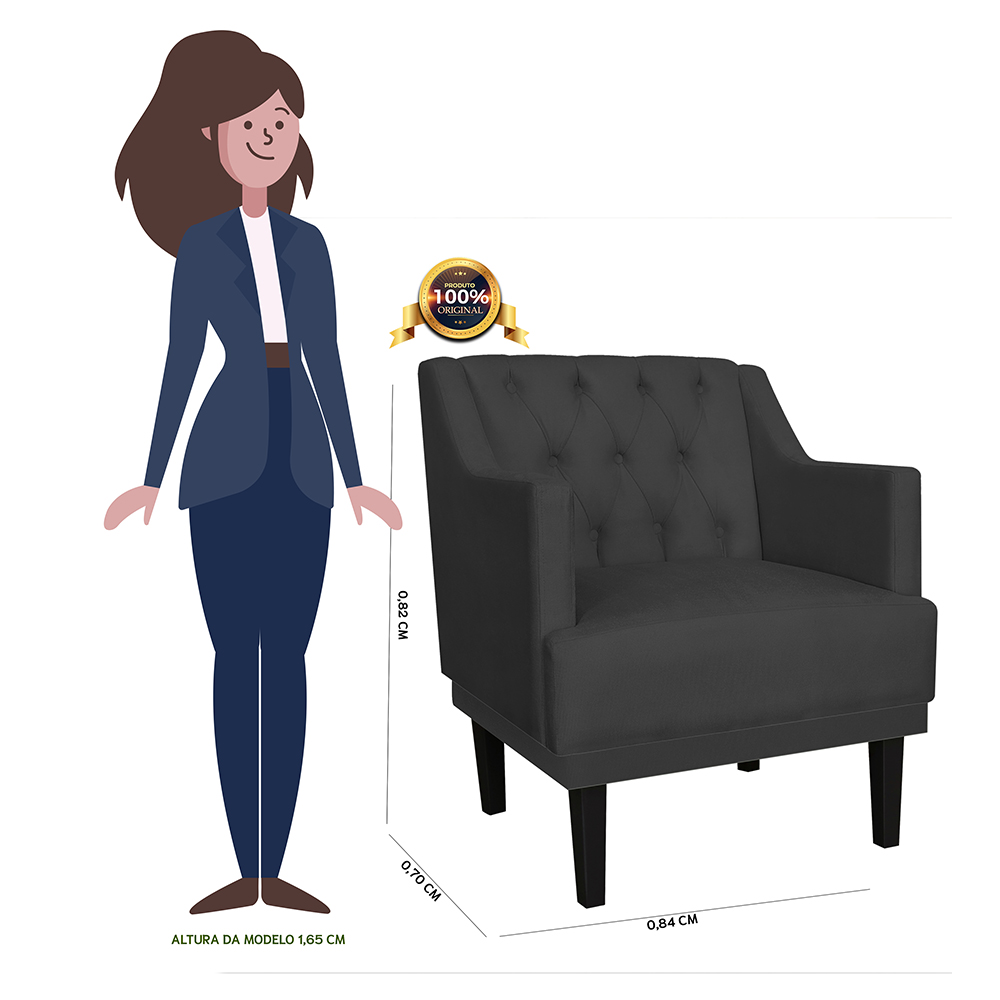 Kit 02 Poltronas Decorativas Clássica Pés Trapézio Suede Preto - DS Estofados