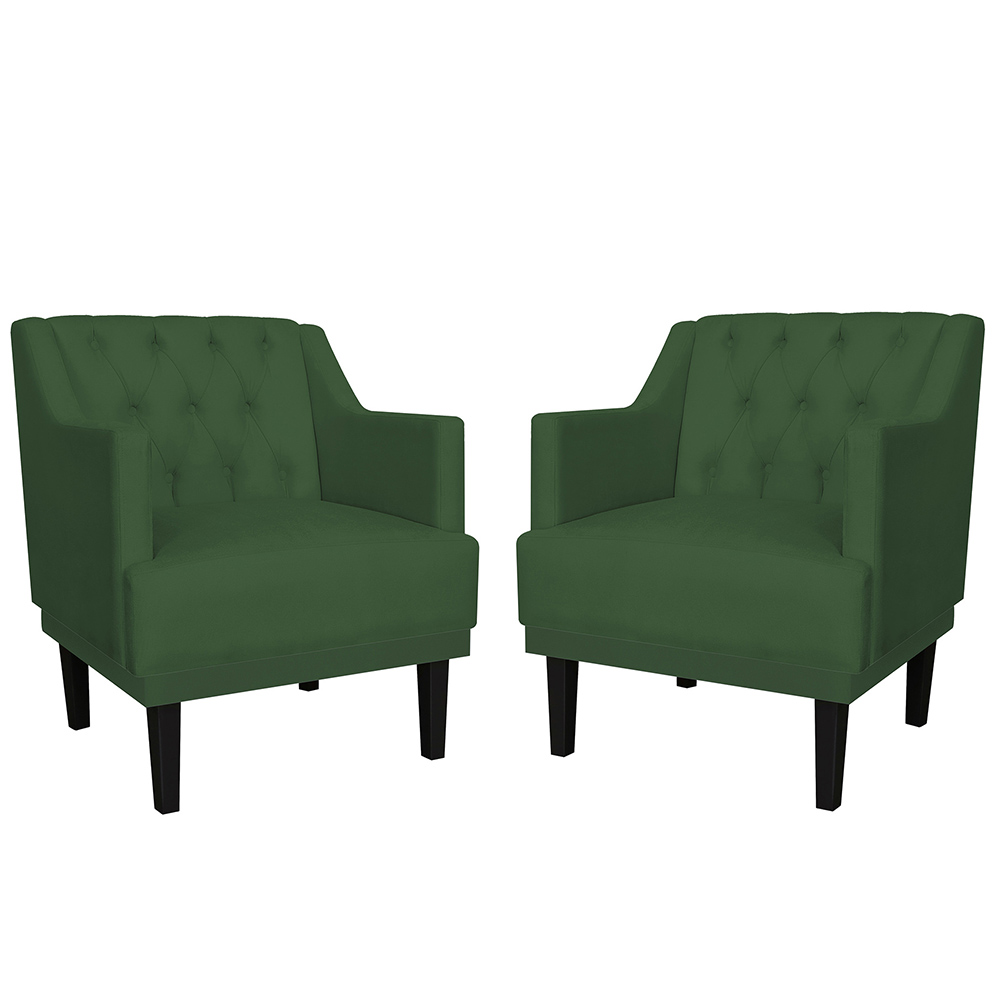 Kit 02 Poltronas Decorativas Clássica Pés Trapézio Suede Verde - DS Estofados