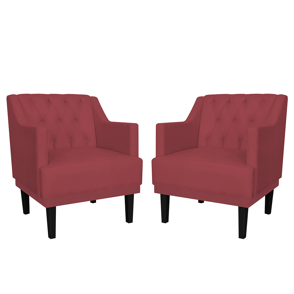 Kit 02 Poltronas Decorativas Clássica Pés Trapézio Suede Vermelho - DS Estofados