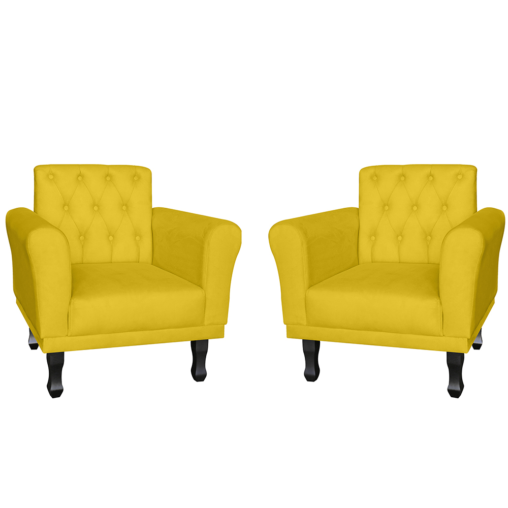Kit 02 Poltronas Decorativas Classic Pés Luis XV Suede Amarelo - DS Estofados