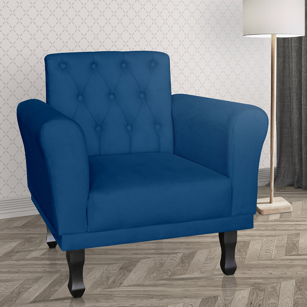 Kit 02 Poltronas Decorativas Classic Pés Luis XV Suede Azul Marinho - DS Estofados