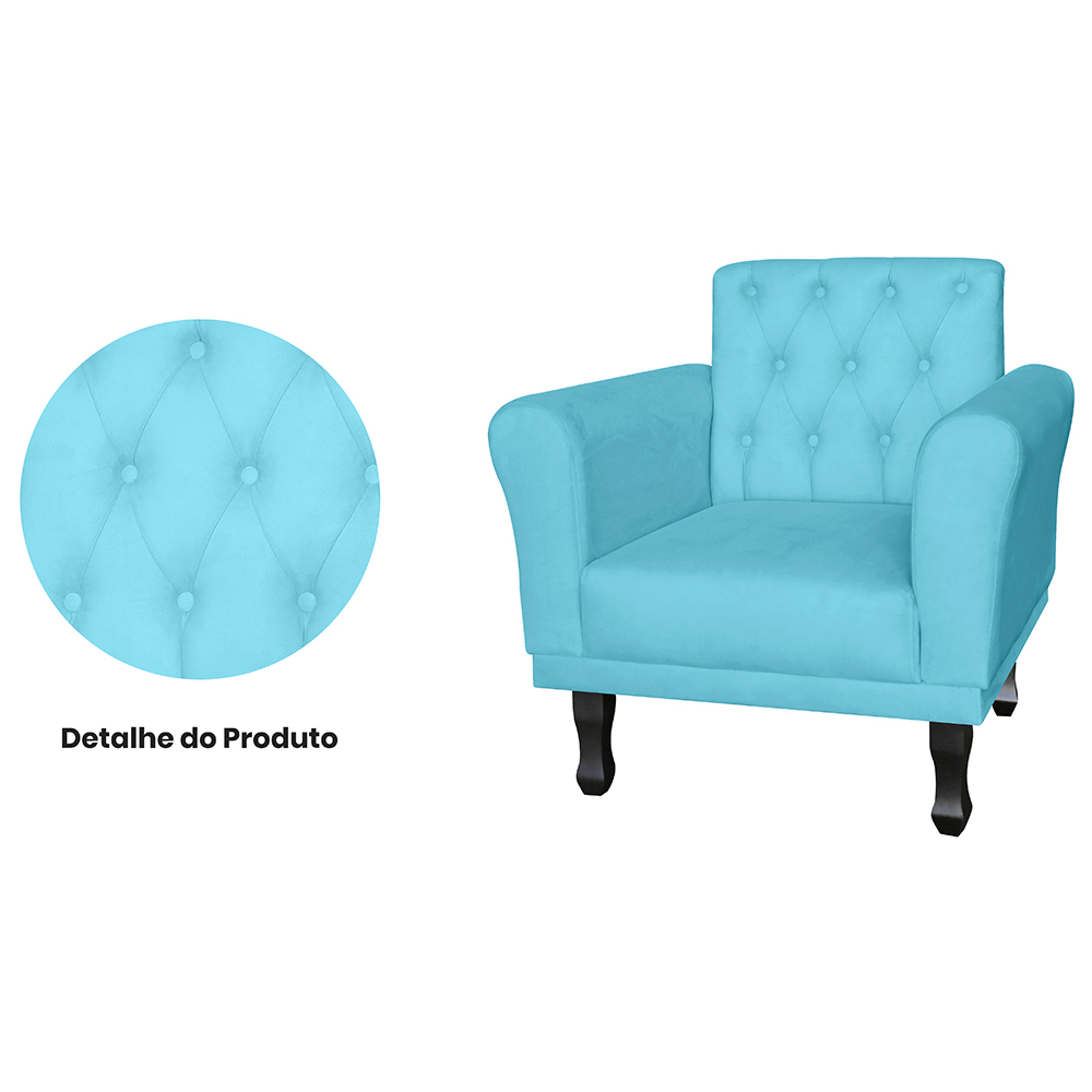 Kit 02 Poltronas Decorativas Classic Pés Luis XV Suede Azul Turquesa - DS Estofados