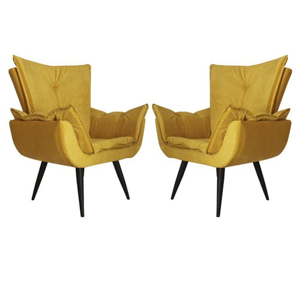 Kit 02 Poltronas Decorativas Emília Aba Pés Palito Suede Amarelo - DS Móveis