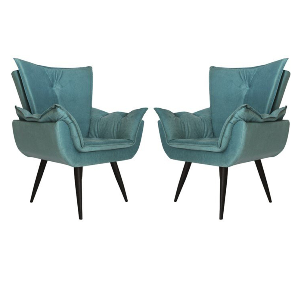 Kit 02 Poltronas Decorativas Emília Aba Pés Palito Suede Azul - DS Móveis