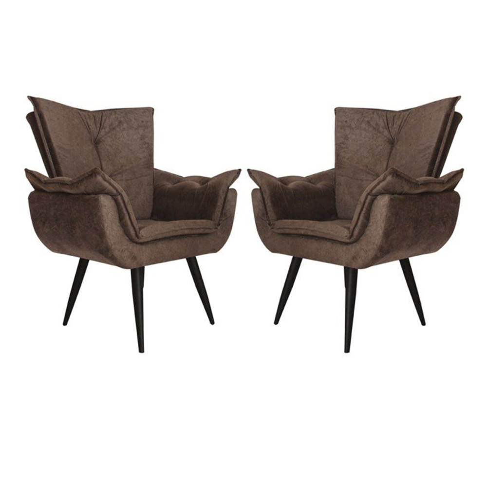 Kit 02 Poltronas Decorativas Emília Aba Pés Palito Suede Marrom - DS Móveis