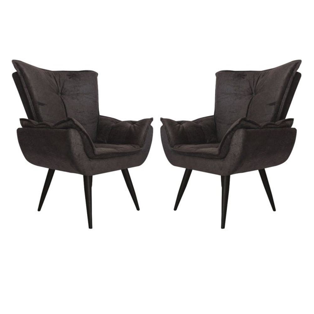 Kit 02 Poltronas Decorativas Emília Aba Pés Palito Suede Preto - DS Móveis