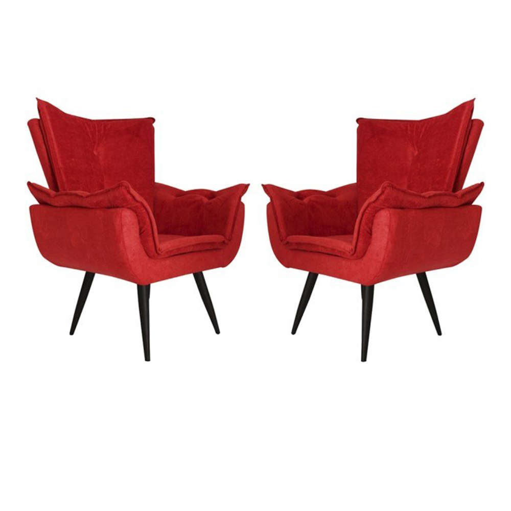 Kit 02 Poltronas Decorativas Emília Aba Pés Palito Suede Vermelho - DS Móveis
