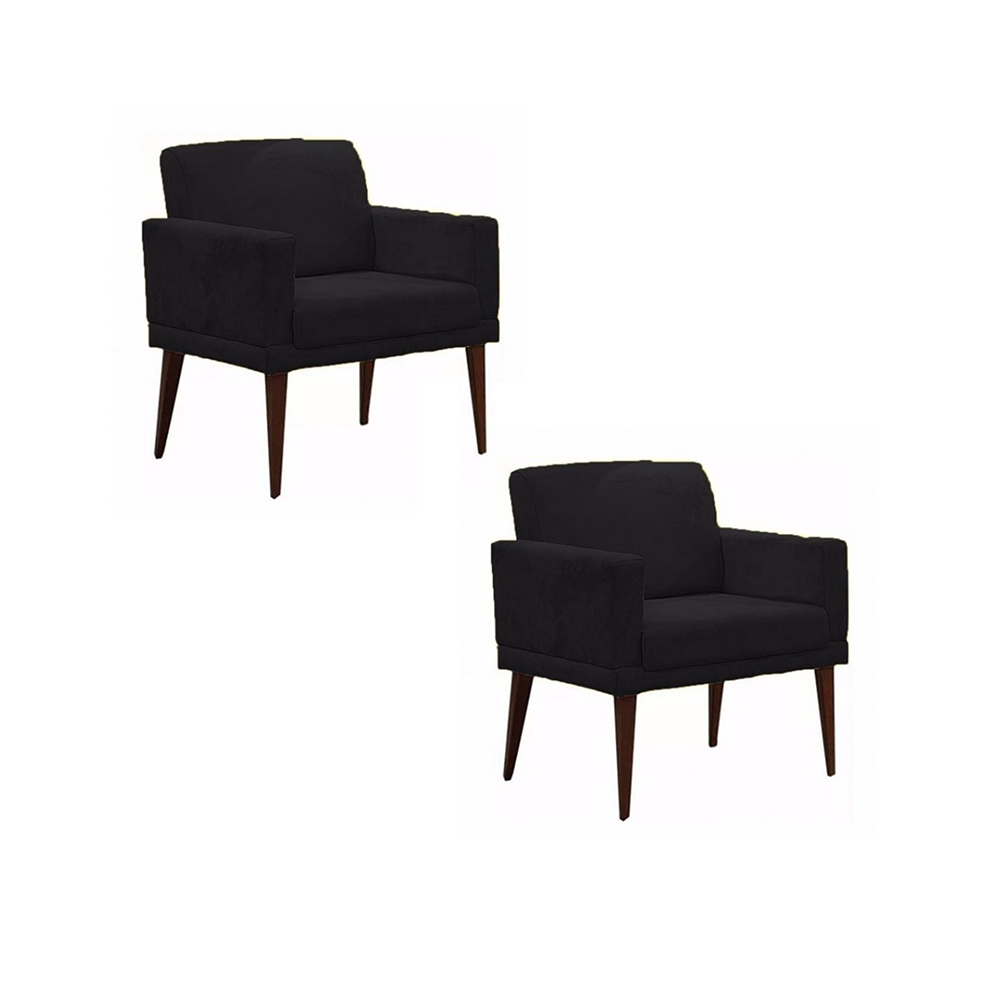 Kit 02 Poltronas Decorativas Emília Pés Palito Suede Preto - DS Móveis