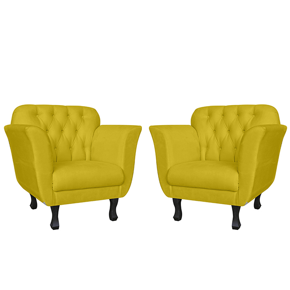 Kit 02 Poltronas Decorativas Helena Pés Luis XV Suede Amarelo - DS Estofados