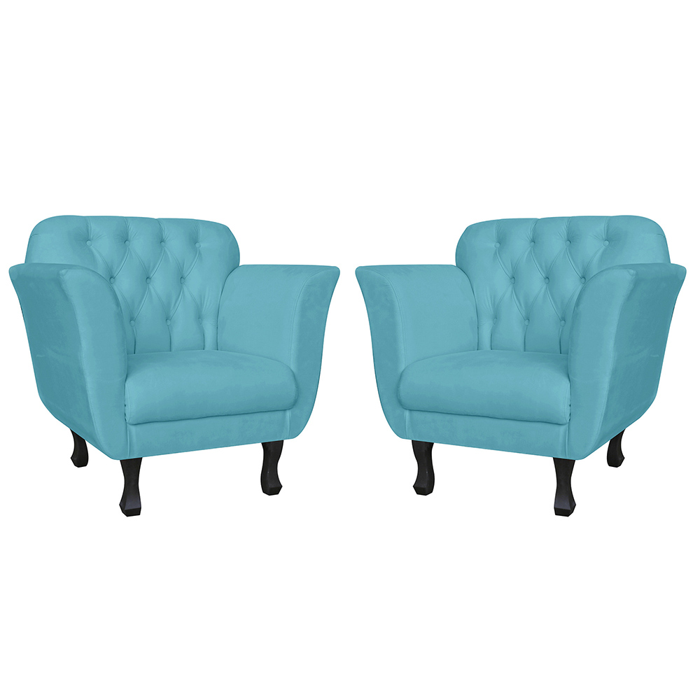 Kit 02 Poltronas Decorativas Helena Pés Luis XV Suede Azul Turquesa - DS Estofados