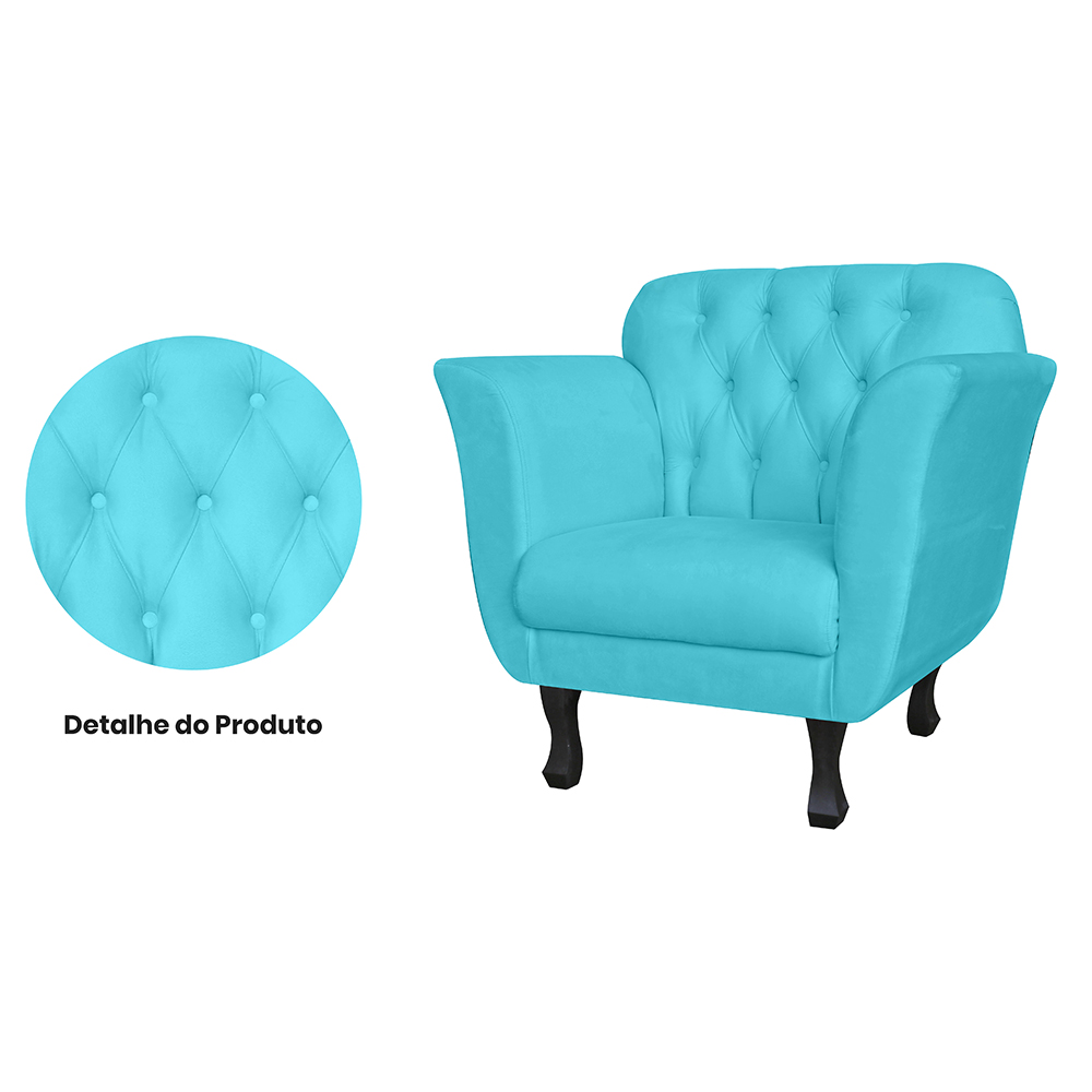 Kit 02 Poltronas Decorativas Helena Pés Luis XV Suede Azul Turquesa - DS Estofados
