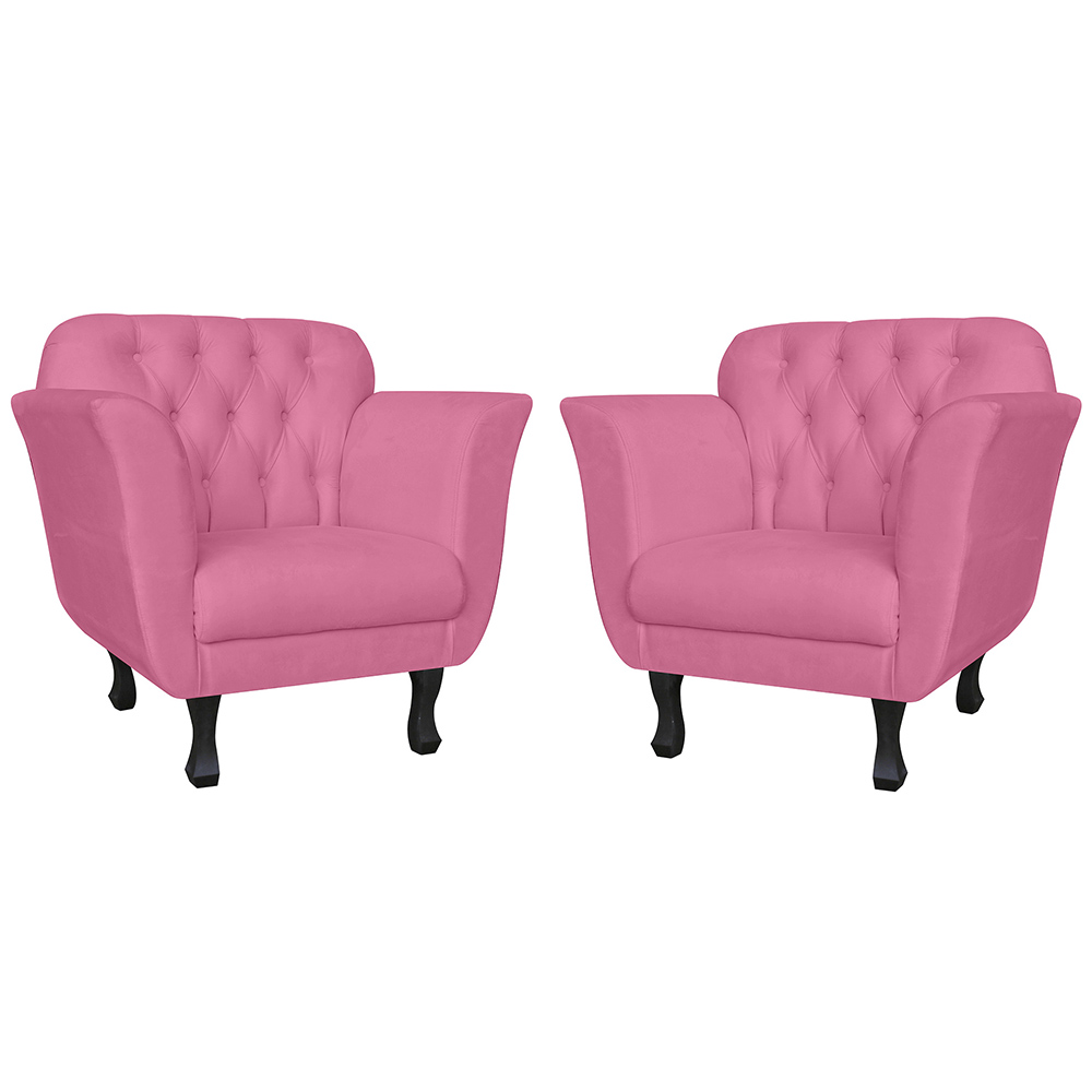 Kit 02 Poltronas Decorativas Helena Pés Luis XV Suede Rosa - DS Estofados