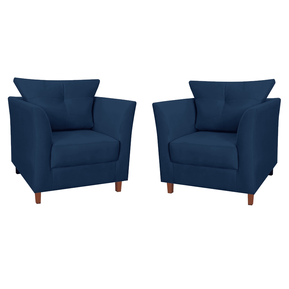 Kit 02 Poltronas Decorativas Isis Pés de Madeira Suede Azul Marinho - DS Estofados