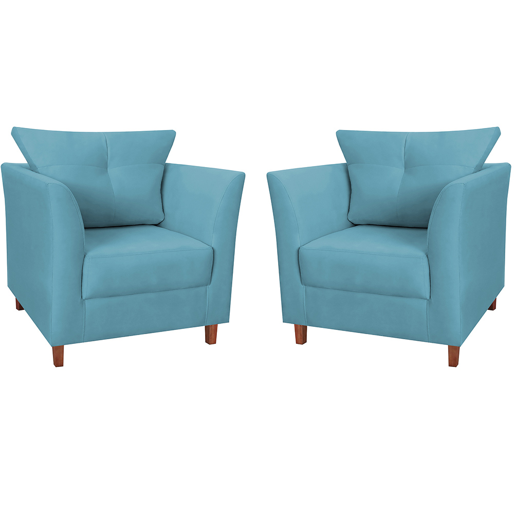 Kit 02 Poltronas Decorativas Isis Pés de Madeira Suede Azul Turquesa - DS Estofados
