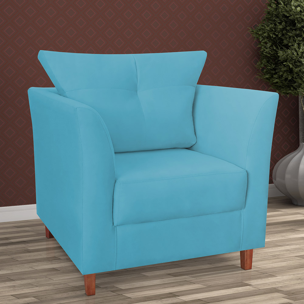 Kit 02 Poltronas Decorativas Isis Pés de Madeira Suede Azul Turquesa - DS Estofados