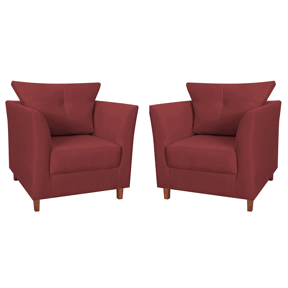 Kit 02 Poltronas Decorativas Isis Pés de Madeira Suede Bordô - DS Estofados