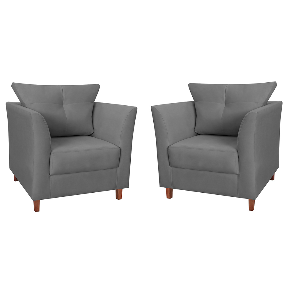 Kit 02 Poltronas Decorativas Isis Pés de Madeira Suede Cinza - DS Estofados