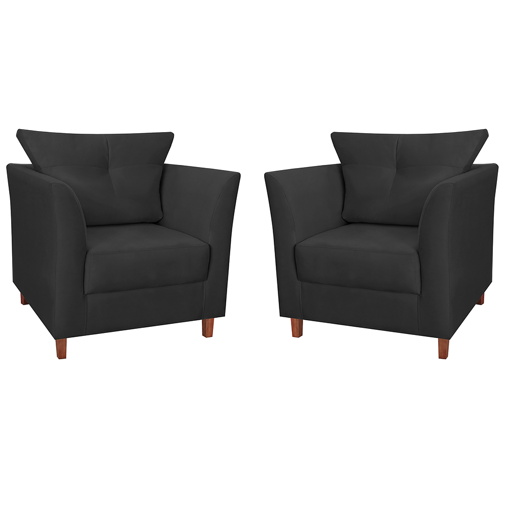 Kit 02 Poltronas Decorativas Isis Pés de Madeira Suede Preto - DS Estofados