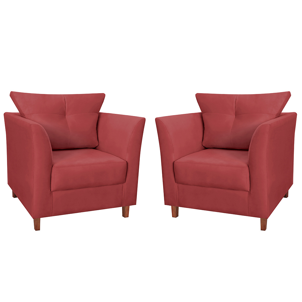 Kit 02 Poltronas Decorativas Isis Pés de Madeira Suede Vermelho - DS Estofados