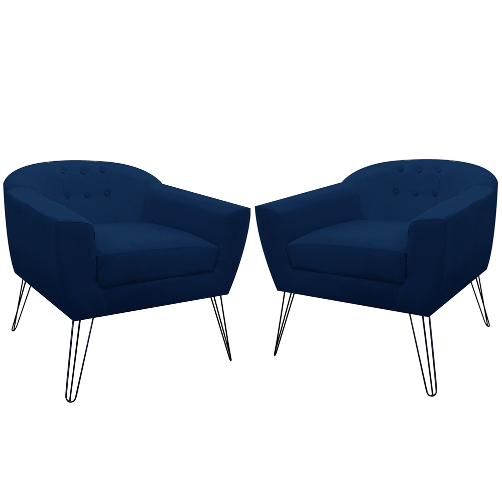 Kit 02 Poltronas Decorativas Jolly Pés Aramado Suede Azul Marinho - DS Estofados