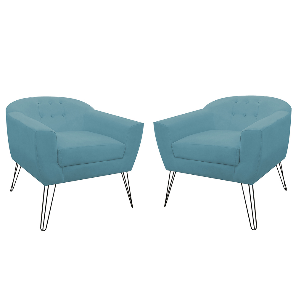Kit 02 Poltronas Decorativas Jolly Pés Aramado Suede Azul Turquesa - DS Estofados