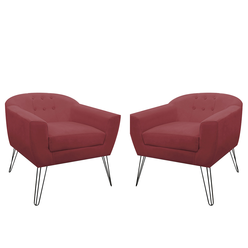 Kit 02 Poltronas Decorativas Jolly Pés Aramado Suede Bordô - DS Estofados