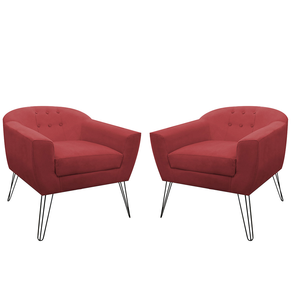 Kit 02 Poltronas Decorativas Jolly Pés Aramado Suede Vermelho - DS Estofados