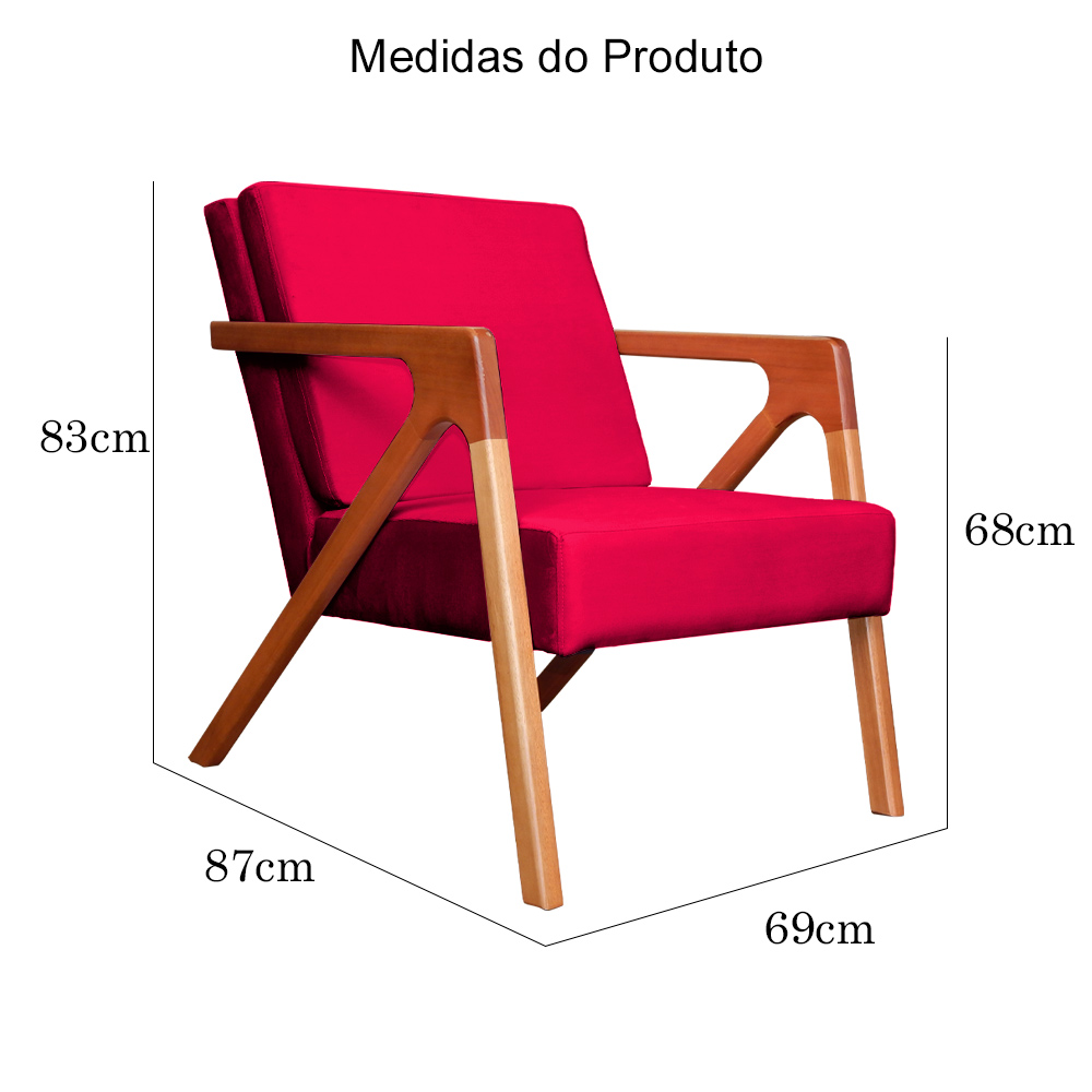 Kit 02 Poltronas Decorativas Monalisa para Sala de Estar Veludo Vermelho