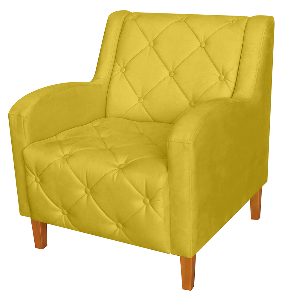 Kit 02 Poltronas Decorativas Munique Pés Trapézio Suede Amarelo - DS Estofados