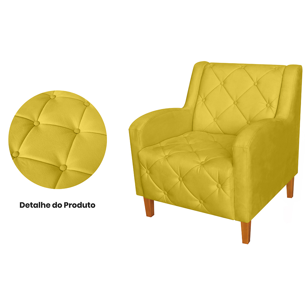 Kit 02 Poltronas Decorativas Munique Pés Trapézio Suede Amarelo - DS Estofados