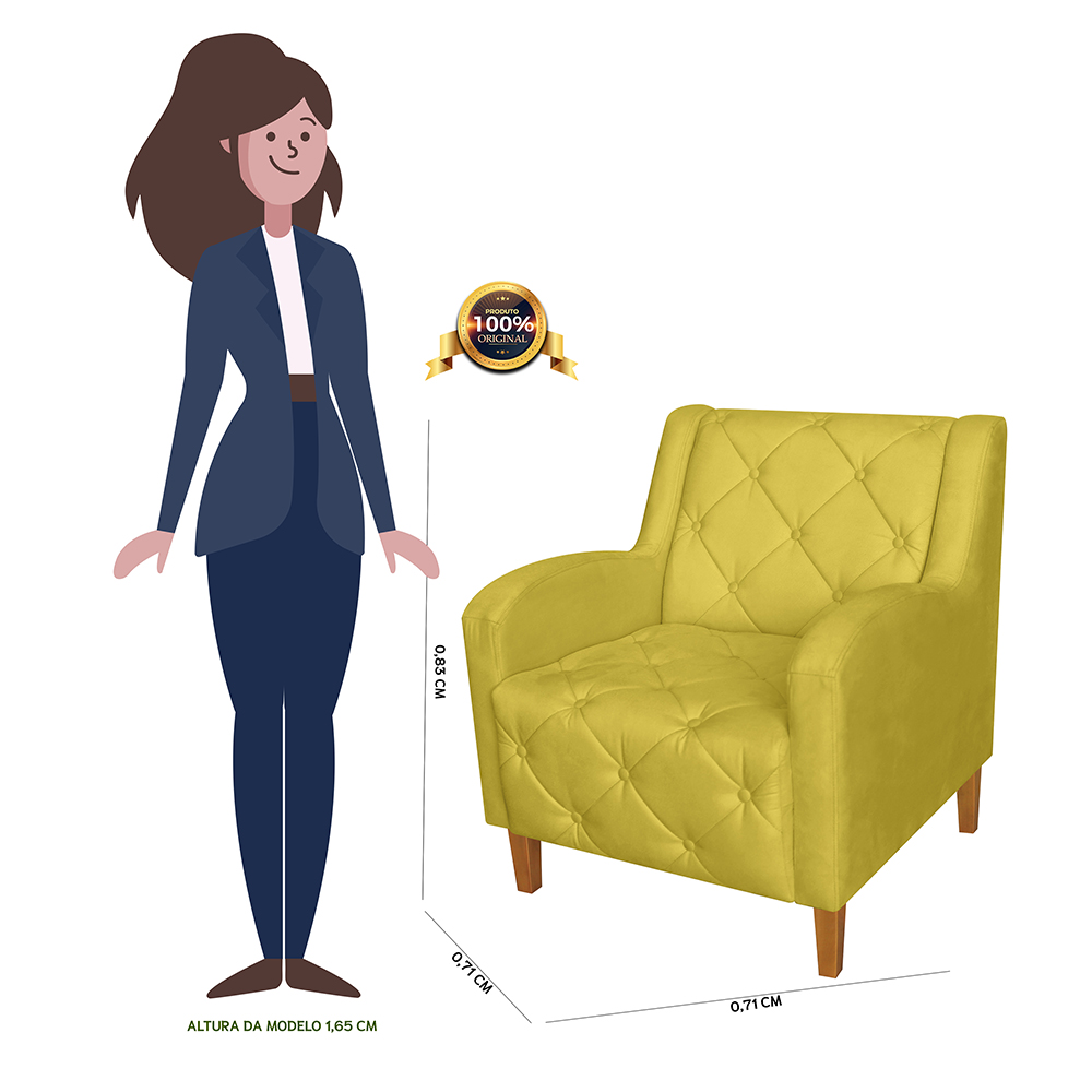 Kit 02 Poltronas Decorativas Munique Pés Trapézio Suede Amarelo - DS Estofados