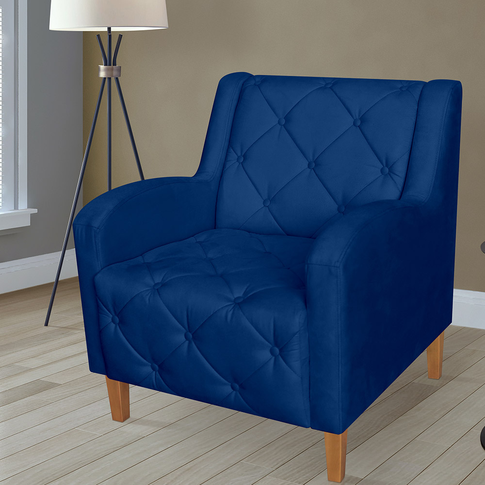 Kit 02 Poltronas Decorativas Munique Pés Trapézio Suede Azul Marinho - DS Estofados