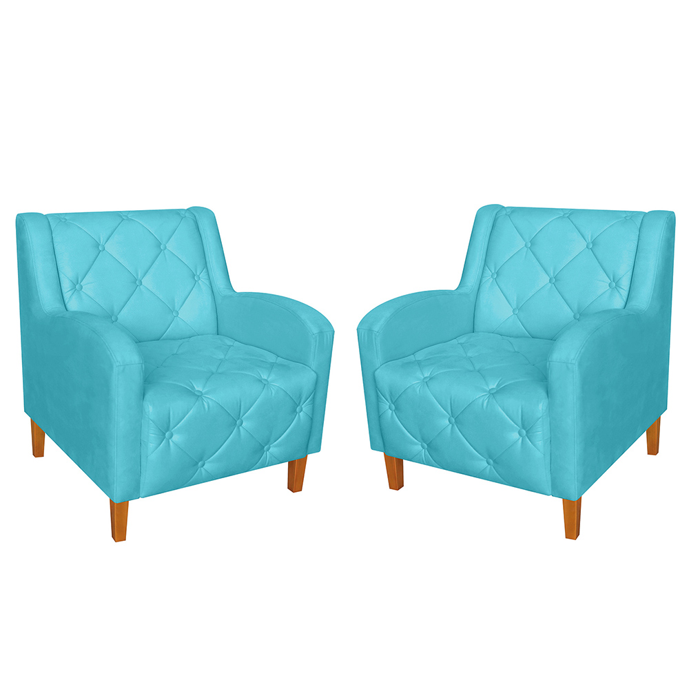 Kit 02 Poltronas Decorativas Munique Pés Trapézio Suede Azul Turqueza - DS Estofados