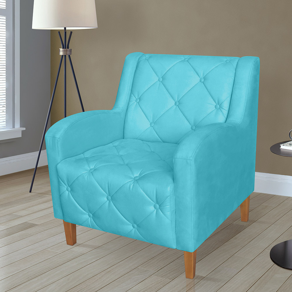 Kit 02 Poltronas Decorativas Munique Pés Trapézio Suede Azul Turqueza - DS Estofados