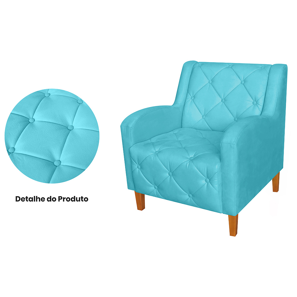 Kit 02 Poltronas Decorativas Munique Pés Trapézio Suede Azul Turqueza - DS Estofados