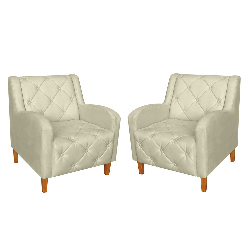 Kit 02 Poltronas Decorativas Munique Pés Trapézio Suede Bege - DS Estofados