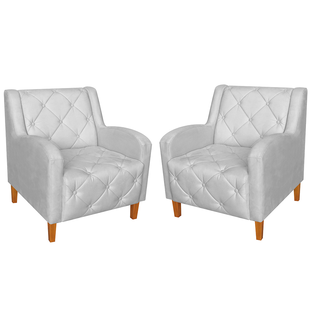 Kit 02 Poltronas Decorativas Munique Pés Trapézio Suede Branco - DS Estofados