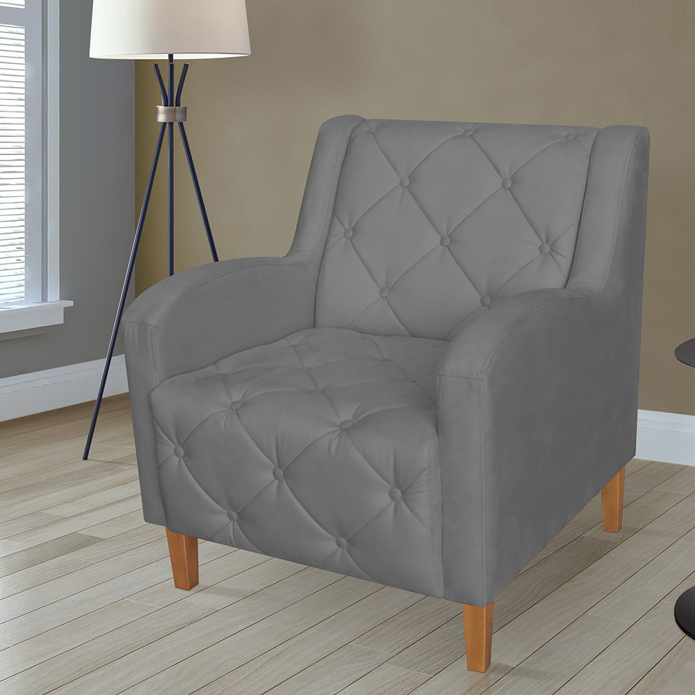 Kit 02 Poltronas Decorativas Munique Pés Trapézio Suede Cinza - DS Estofados