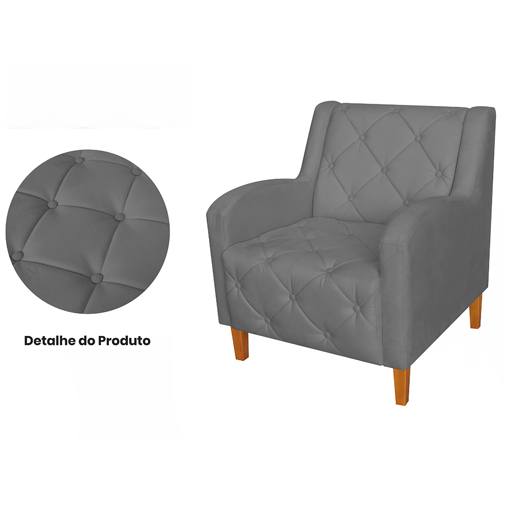 Kit 02 Poltronas Decorativas Munique Pés Trapézio Suede Cinza - DS Estofados