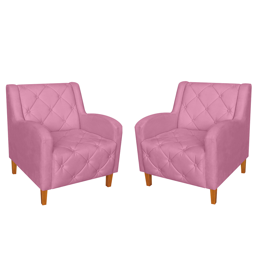 Kit 02 Poltronas Decorativas Munique Pés Trapézio Suede Rosa - DS Estofados