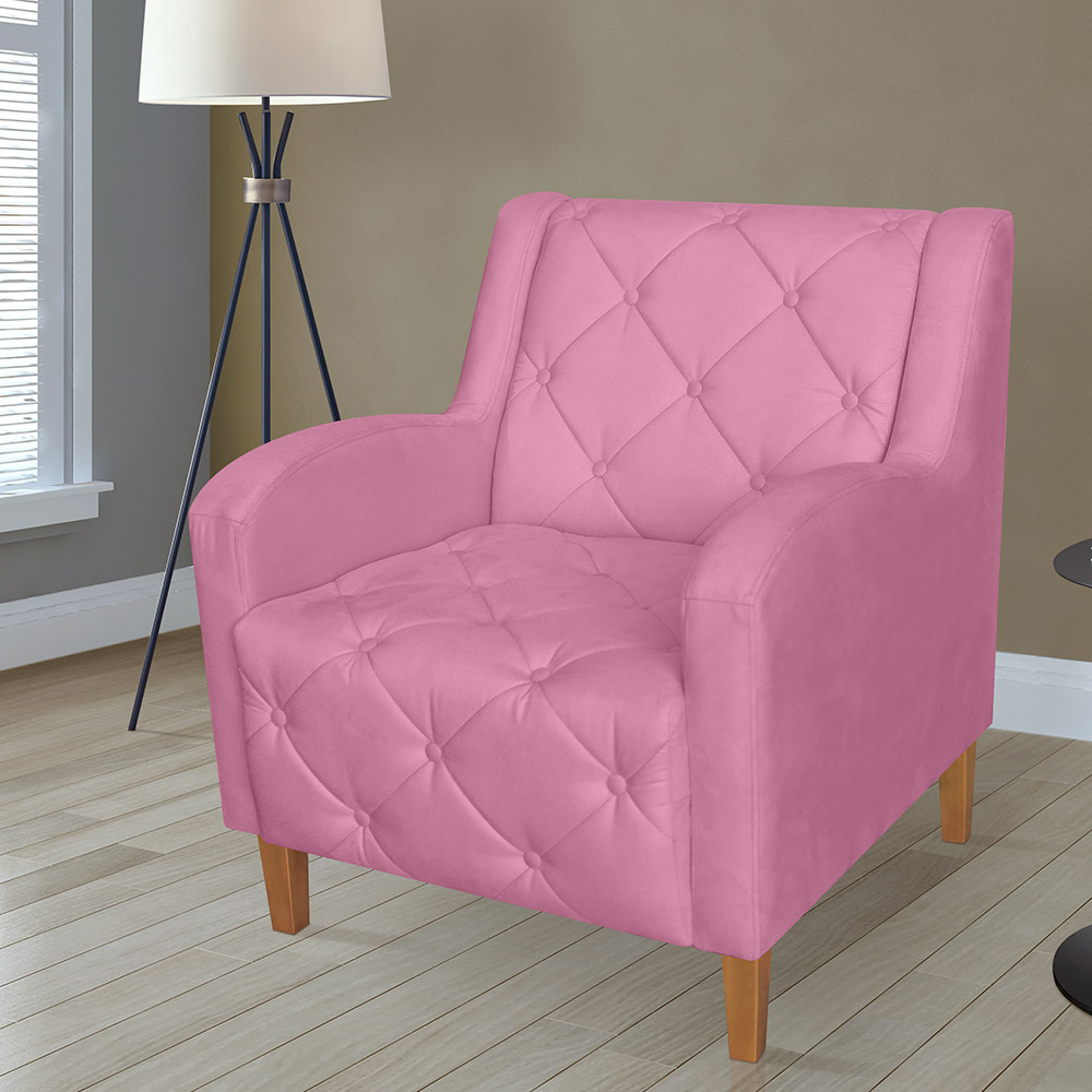 Kit 02 Poltronas Decorativas Munique Pés Trapézio Suede Rosa - DS Estofados