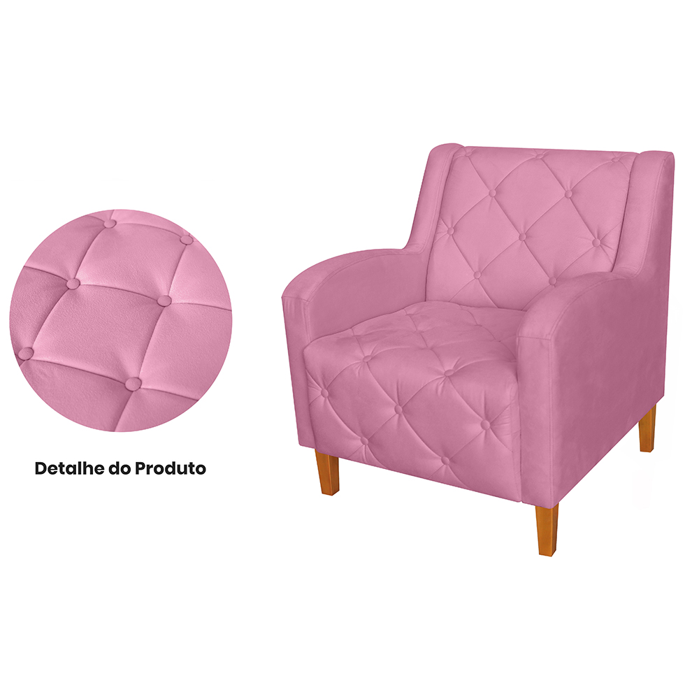 Kit 02 Poltronas Decorativas Munique Pés Trapézio Suede Rosa - DS Estofados