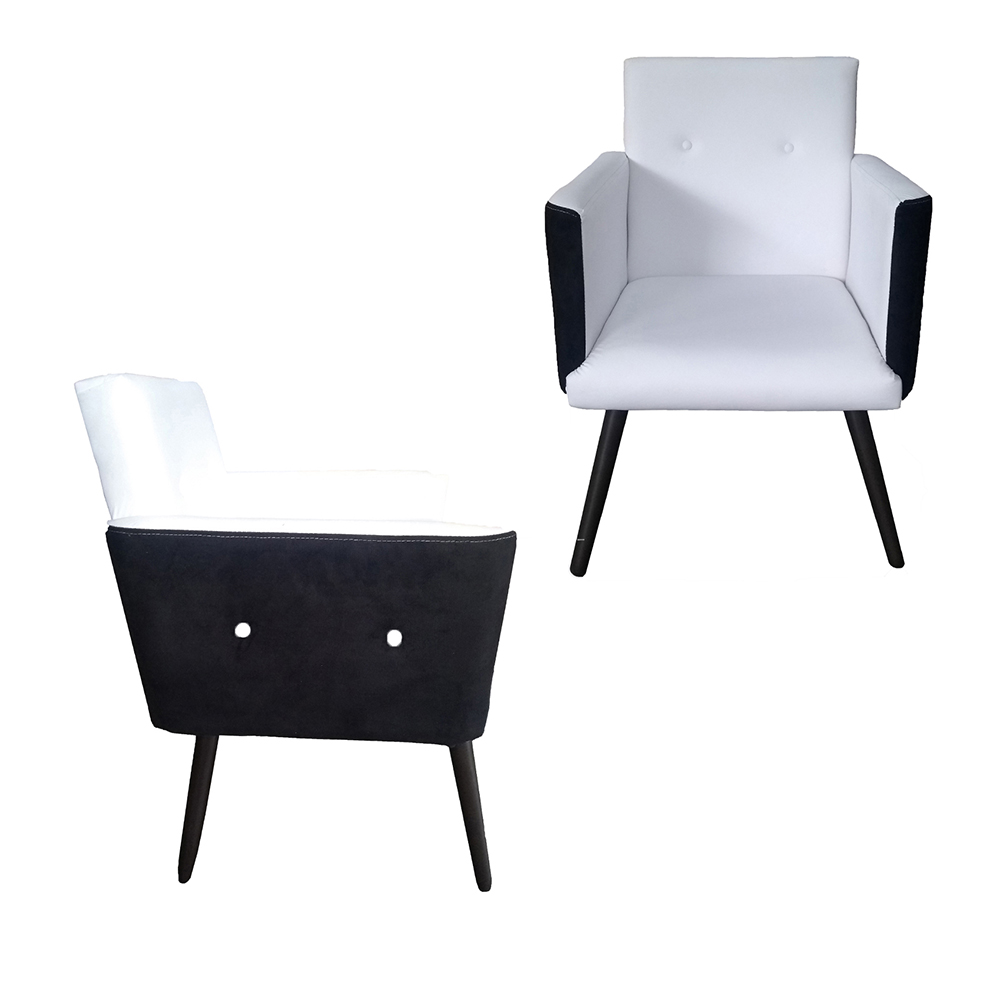 Kit 02 Poltronas Decorativas Pés Palito Tabaco Nina Plus Corino/Suede Preto/Branco - DS Móveis